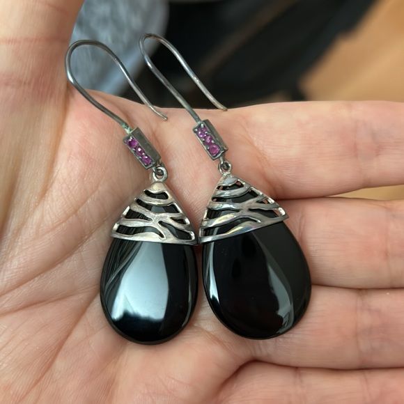 Vintage David Sigal 925 Sterling Onyx Ruby Earrings - Picture 6 of 14